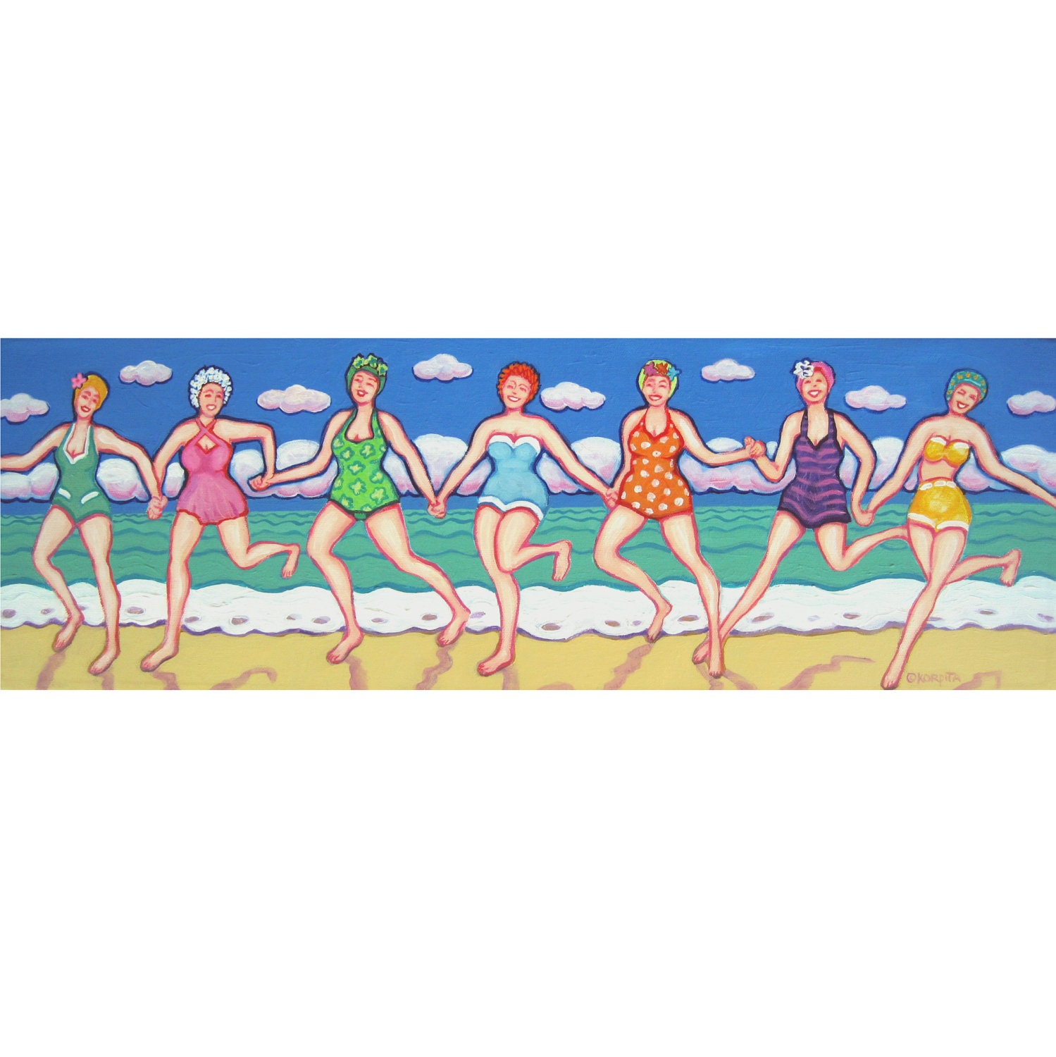 Running with Sisters - 8x24 Funny Beach Women Coastal Seashore Run Original Acrylic Painting Korpita ebsq