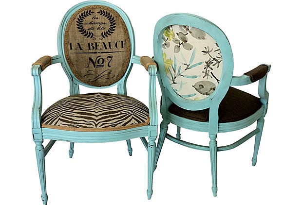 Pair of French Aqua French Louis XVI Bergere Armchairs Upholstered Designer Animal Print Linen Blue Green Lime Gray Fabric Sitting Country