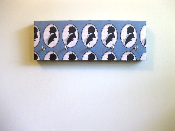 Jewelry Holder and Key Rack  - "His" - Blue and Black, silhouette portrait, masculine, man, men, classy, blue, black, white (5 silver hooks