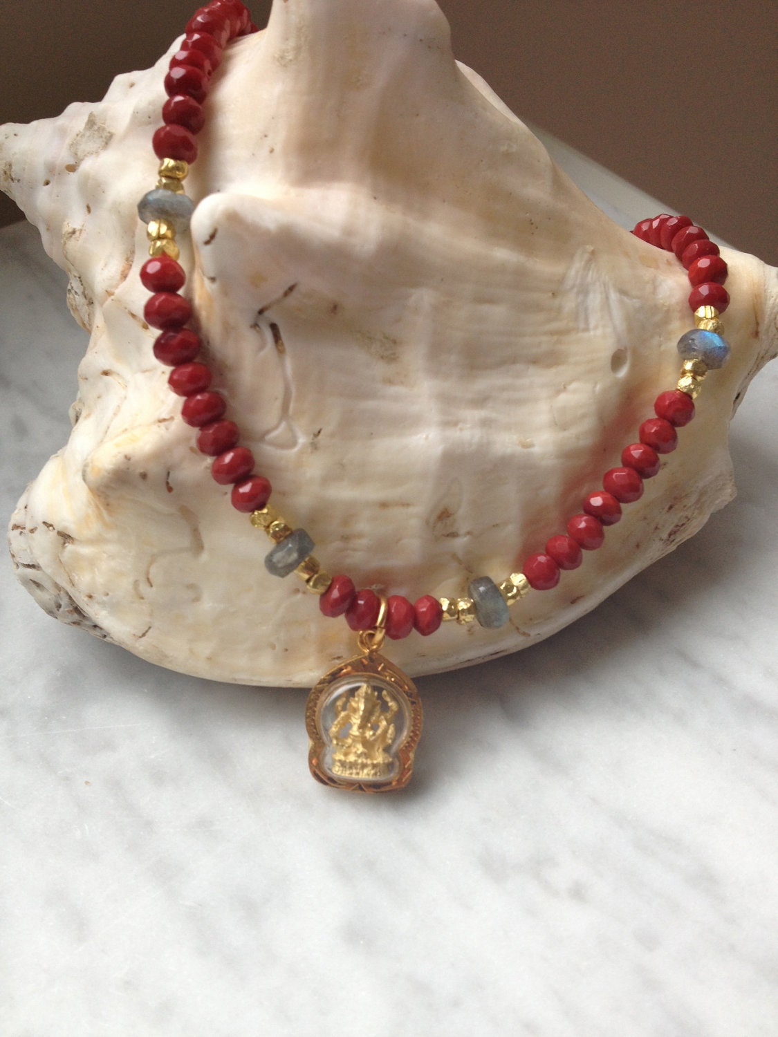 Ruby quartz and gold Ganesh necklace / Hindu necklace/ Yoga necklace/ Buddhist necklace