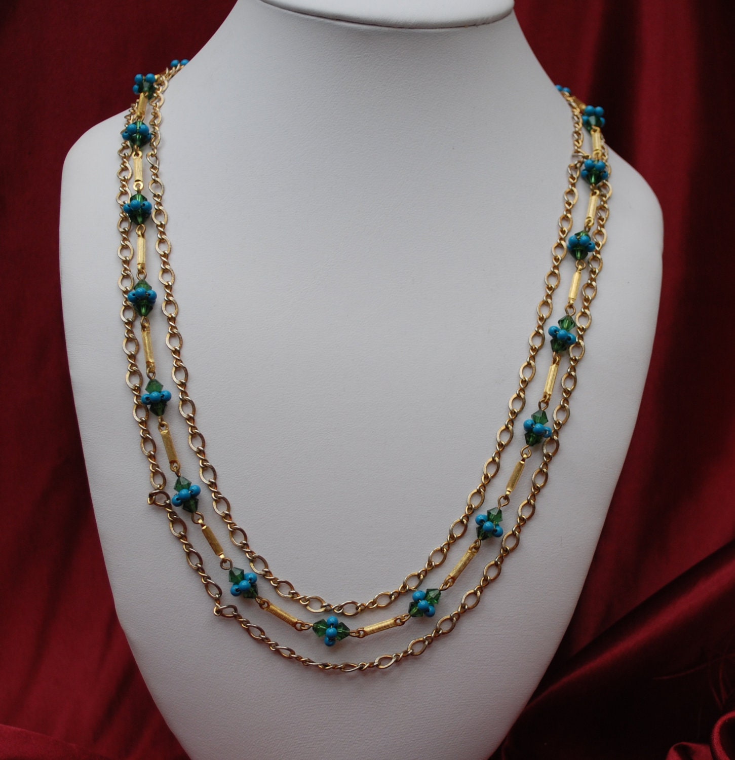 Vintage Multi strand goldtone and blue bead necklace