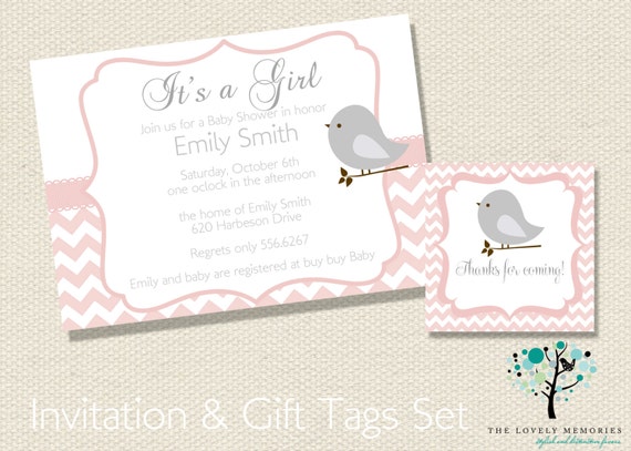 Its a Girl or Its a Boy Sweet Bird Baby Shower Pink chevron Lines Invitation & Gift Tag Set Il_570xn