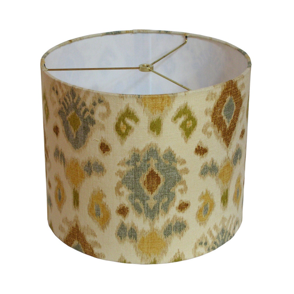 Sale Lamp Shade Drum 12 inch Ikat Lampshade blue brown green Namaste Mill Creek Fabric Lambswool