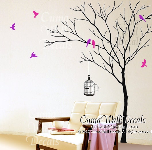 tree wall decal birds birdcage, wall mural children  wall sticker nursery graphic vinyl wall art - winter tree birds Z171 by cuma