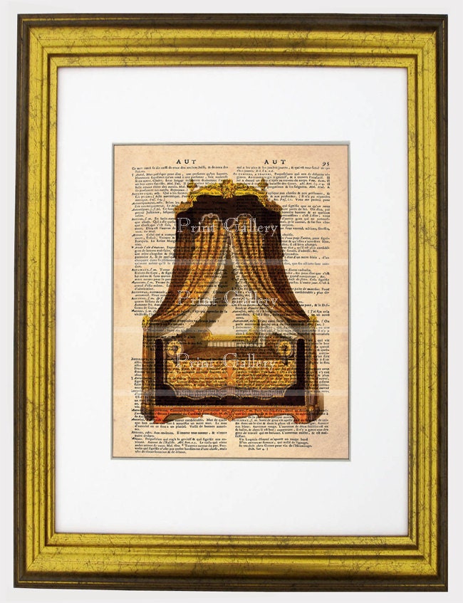 Antique French Bed Print Shabby Chic Dictionary Book Page Boudoir Royal Canopy Bedroom Wall Art Engraving Furniture Interior Design fb 274