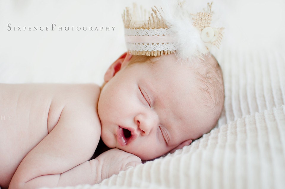 Shabby Chic Burlap and Lace Newborn Baby Photography Prop Crown