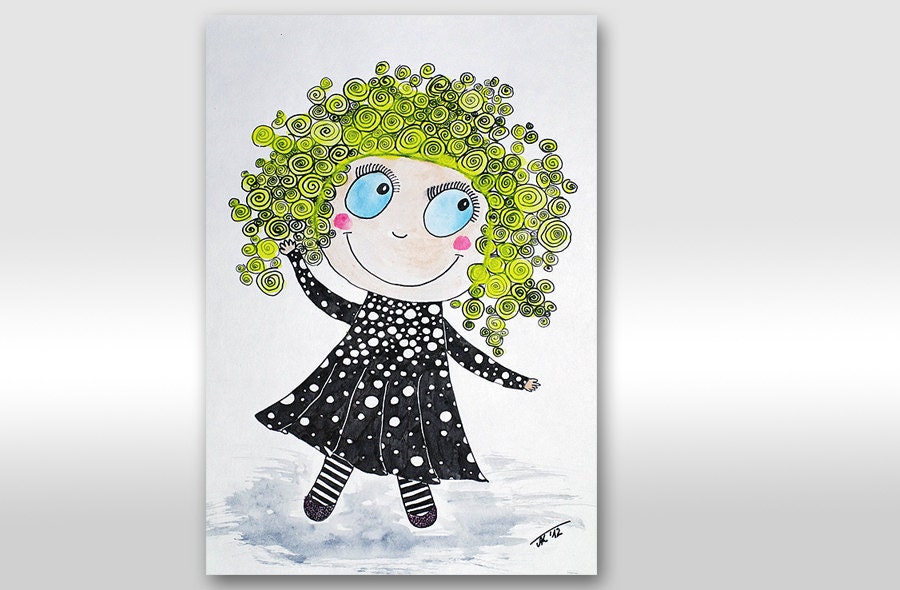 Girl Illustration. Blond girl. Girl art. Happy girl. Kid. Children. Funny painting. Gift. Nursery. Back to school. Original painting A4