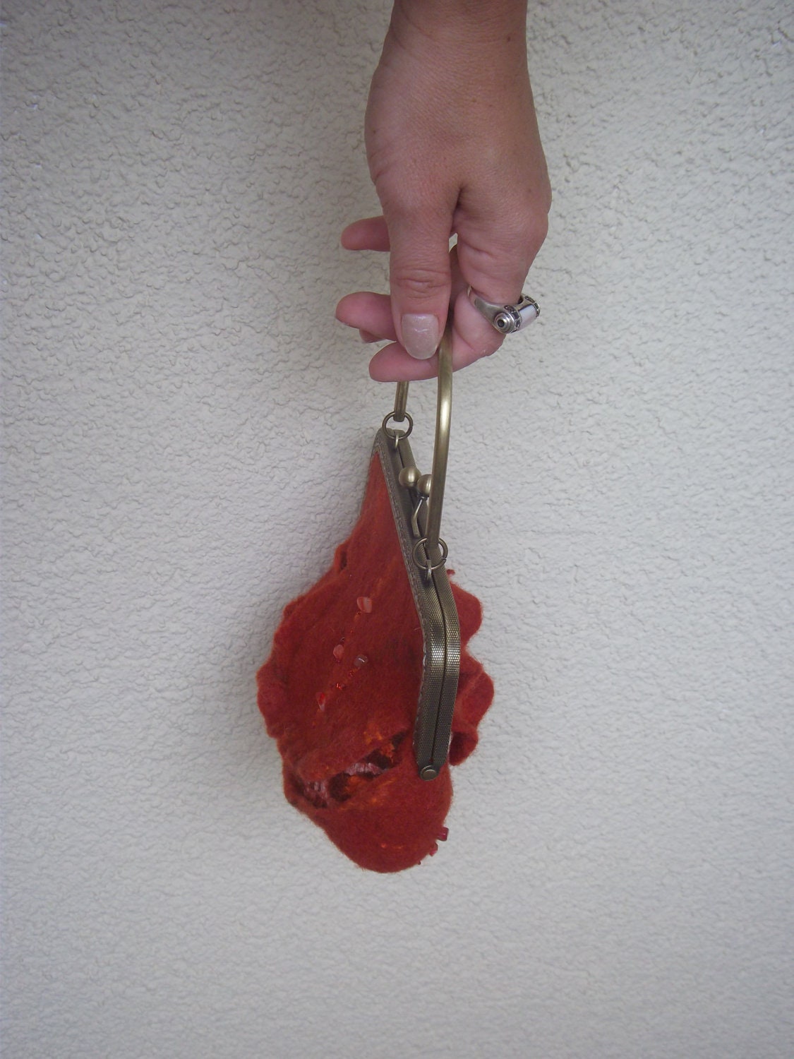 Nunofelted purse, Small bag, red orange hand crafted with flower, eco friendly, gift under 50