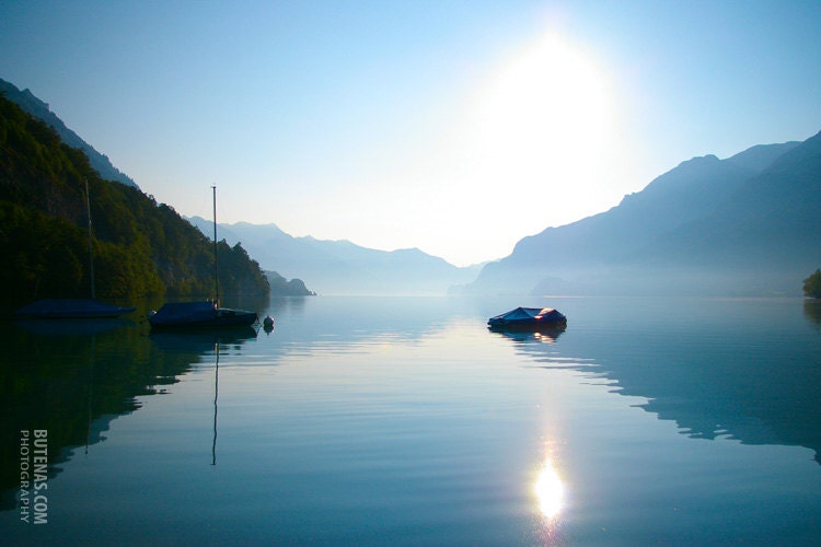 Nature mountains water sunset landscape lakeshore dreamy relaxing light blue wall art photography. Calming Lake Photo Digital print 10x15