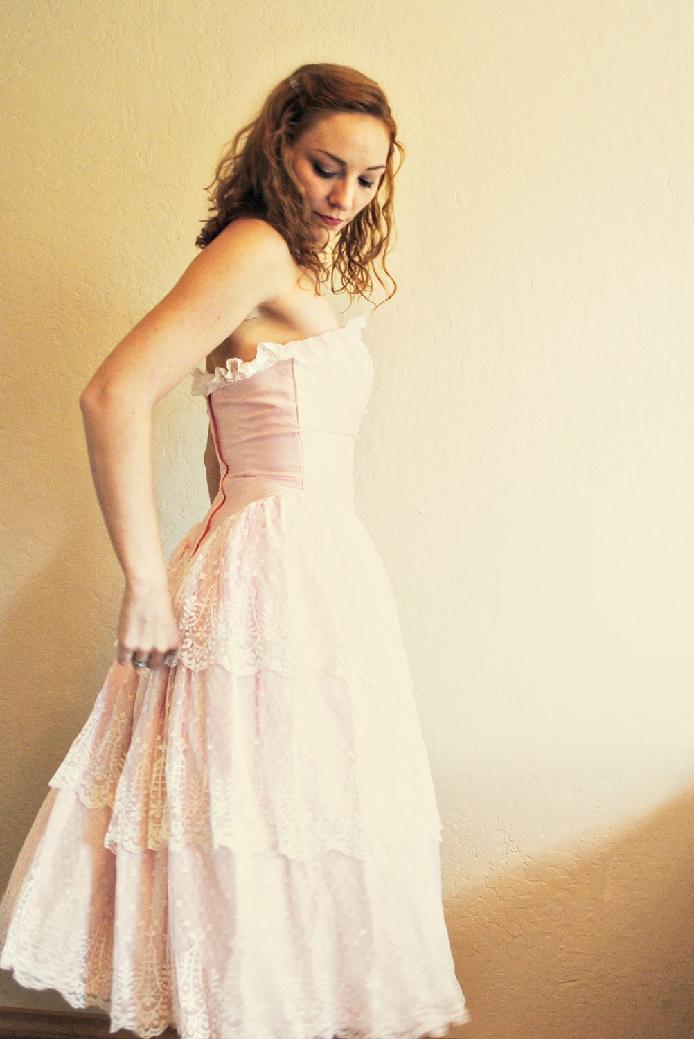 Pink Lacey Layers of 1980s Greatness. Sweetheart neckline. Feminine and Retro. Soft Pink. Satin Corset.