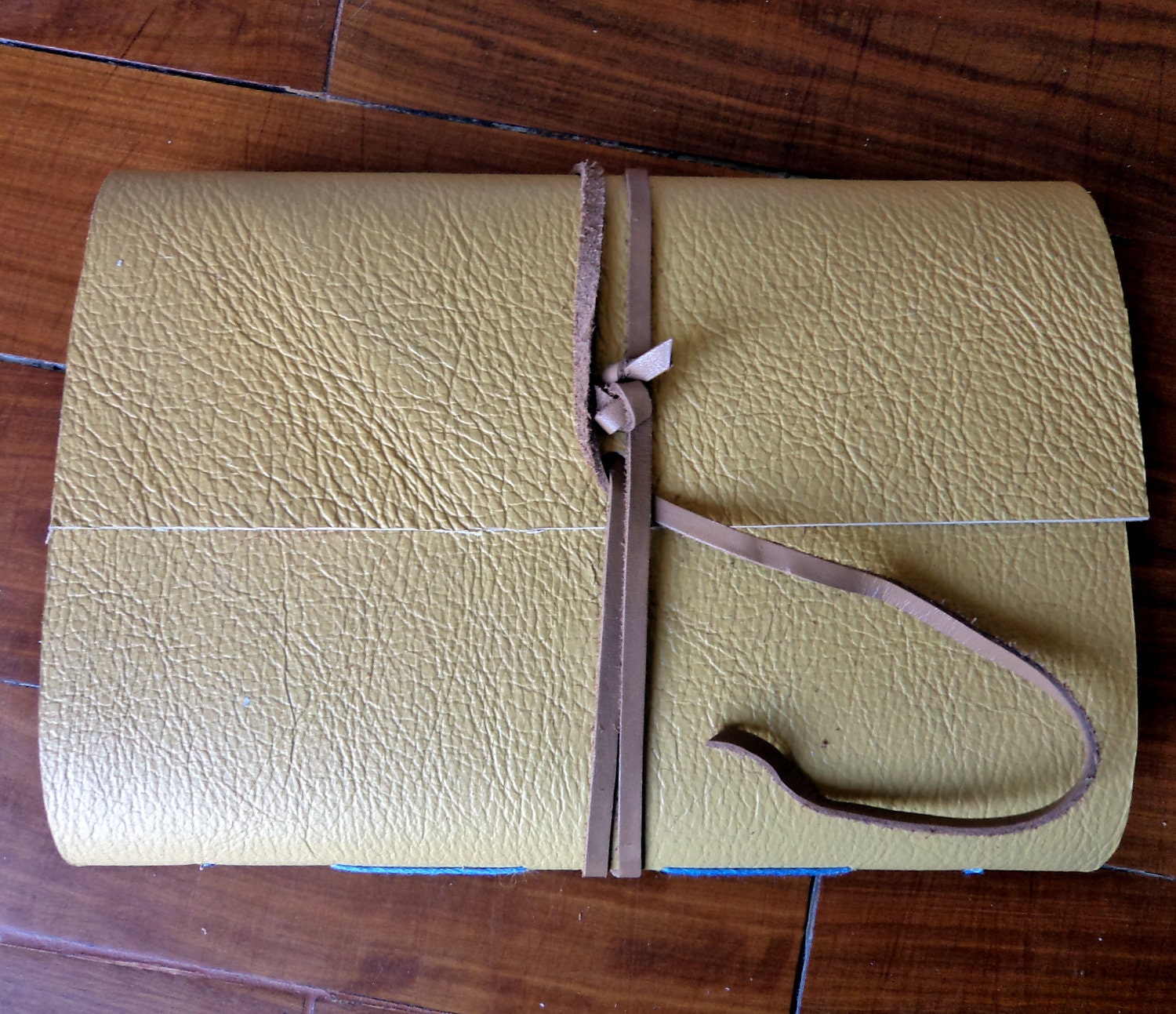 Leather bound Journal in yellow. Travel / postal vintage theme. Memory pockets