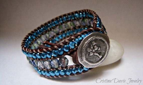 Beaded Leather Cuff, Triple Row Beaded, Blue Green Turquoise Sparkle, Boho Chic, Earthy