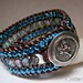 Beaded Leather Cuff, Triple Row Beaded, Blue Green Turquoise Sparkle, Boho Chic, Earthy