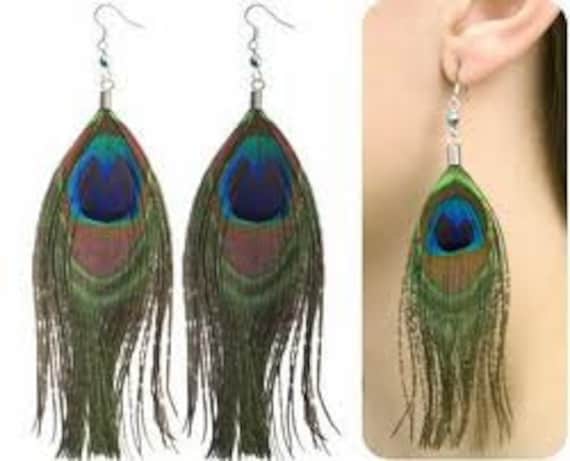 SALE 1.50 Peacock Feather Earrings 1 pair in silver tone dangle Natural Peacock 6" long x 3" wide