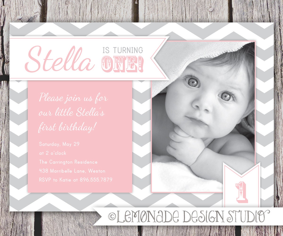 First Birthday Invitation Chevrons - Chevron Photo Printable Invite - Grey and Pink - Grey and Yellow  or Aqua- 1 Year Old or ANY Age