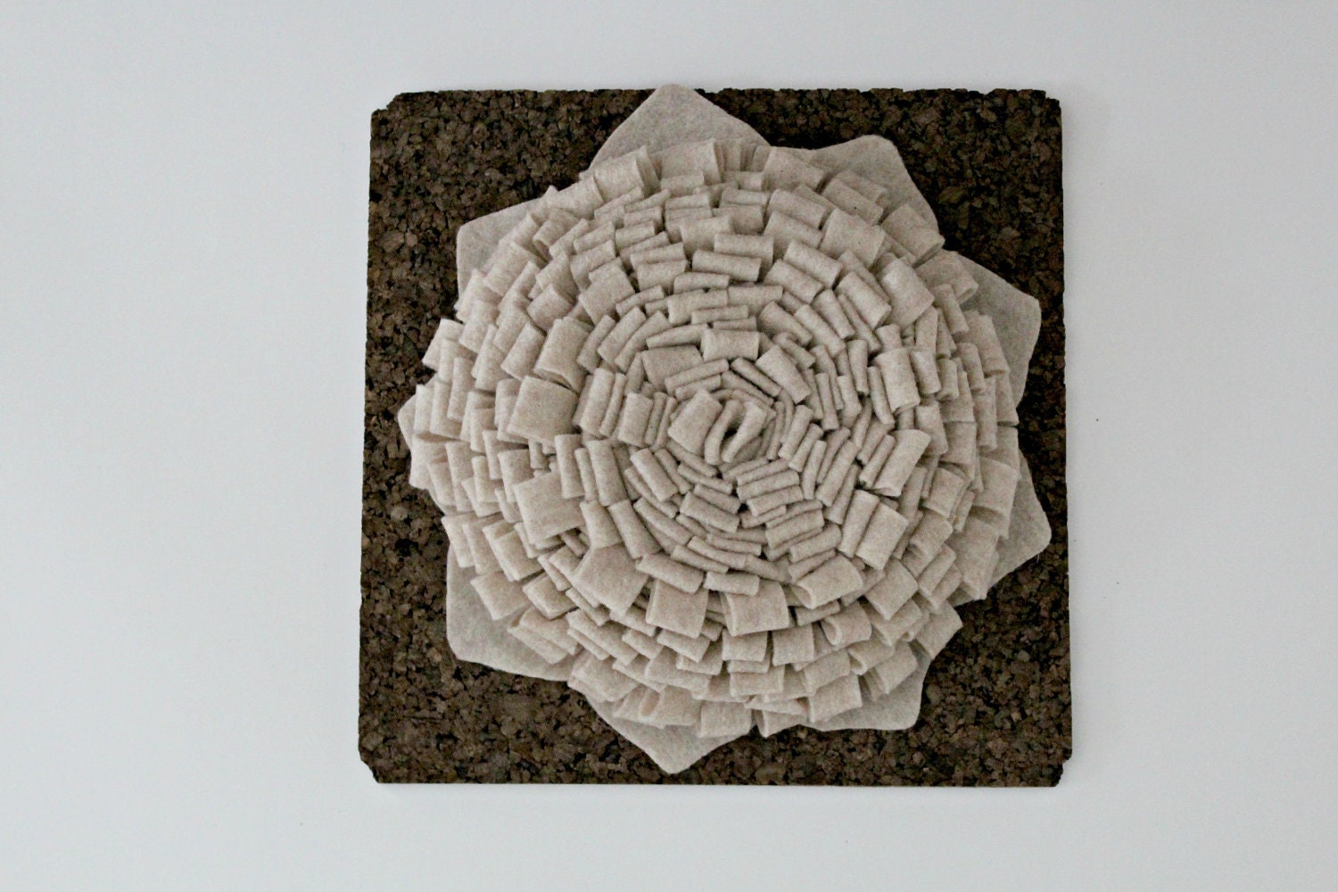 RESERVED FOR JESSICA Brown and Oatmeal Tan Felt Flower on Cork Wall Hanging Decoration