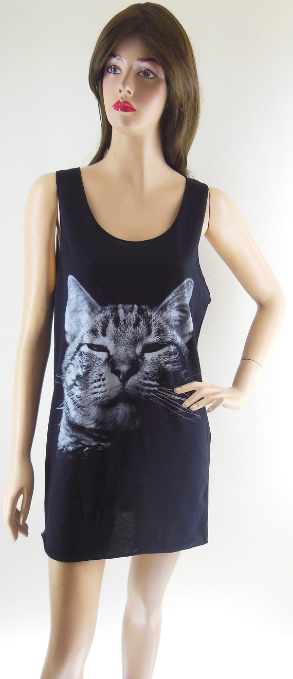 Kitty Cat Kitten Cute Animal Style Cat Tank Top Teens Girl Women T-Shirt Animal Shirt Black Tunic Screen Print Size M