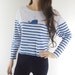 Whale Fish Sea Ocean Animal Style Crop Top Blue Striped White Long Sleeve Sceen Print Size M