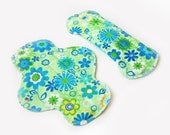 Reusable Flannel Pantyliner / Cloth Menstrual Pad - Flower Shower in Green - Set of 2 - 9 inch