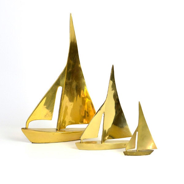Brass Sailboat Trio - Large, Shiny Gold Color Boat Statues, SET of 3 - Vintage Home, Lake Cottage, or Office Decor Accent