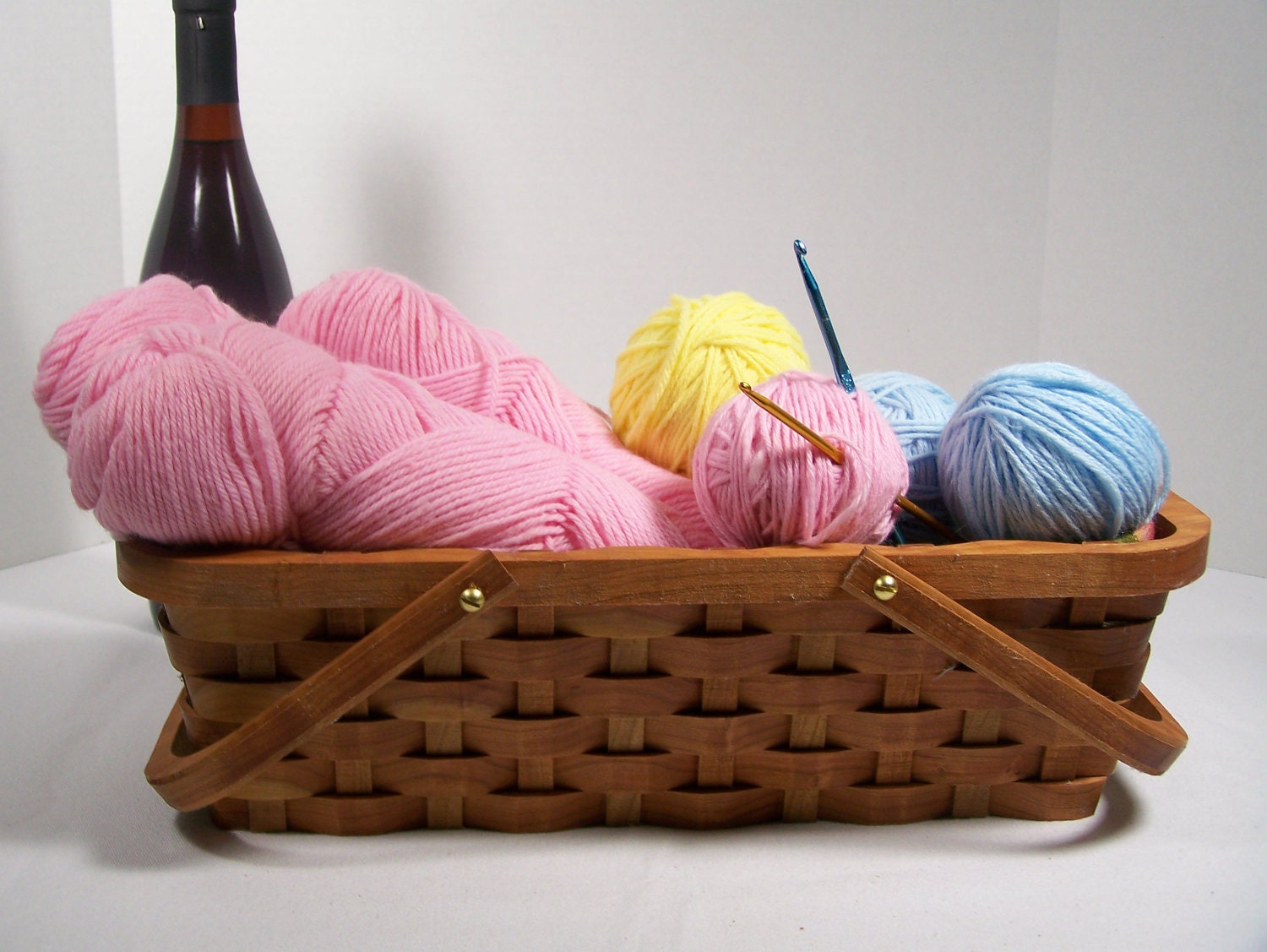Knitting tote supplies basket handles Cherry wood
