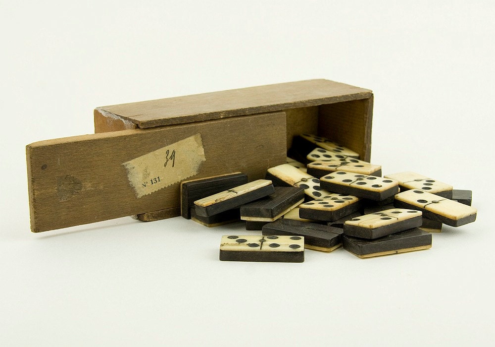 Antique - Set Victorian Ox Bone & Ebony Dominoes - c1870 - Original Handmade Wooden Box - Games