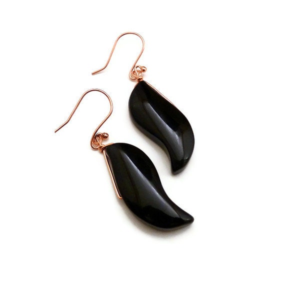 Black Onyx Earrings - Copper Earrings -  Wave Earrings - Gemstone Earrings - Drop Earrings