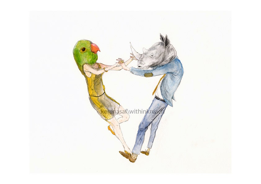 rhinoceros and parrot dancing-DIGITAL PRINT