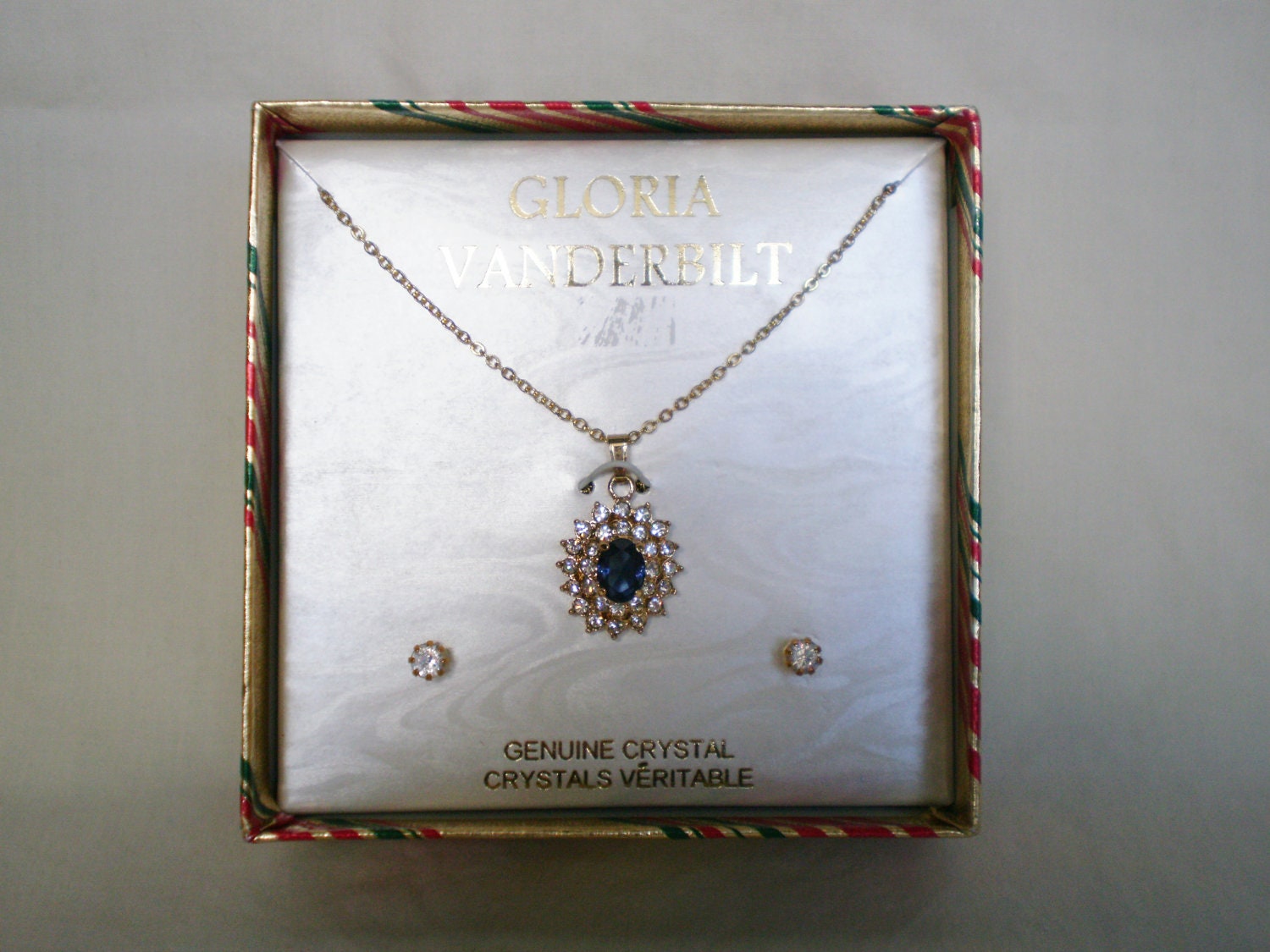 Vintage Gloria Vanderbilt Jewelry Set - 1980s Necklace Earrings Genuine Crystal Faux Sapphire Gold Tone Original Box