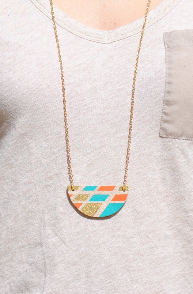 Painted leather half moon necklace