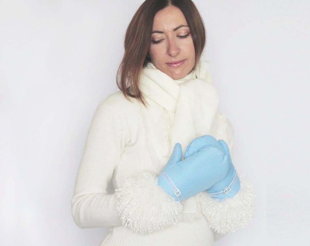 Vegan Mittens Aqua Sky Blue Light Blue Fabric Mittens Gloves with the Snow White Lama Vegan Faux Fur and Crystal Buckle