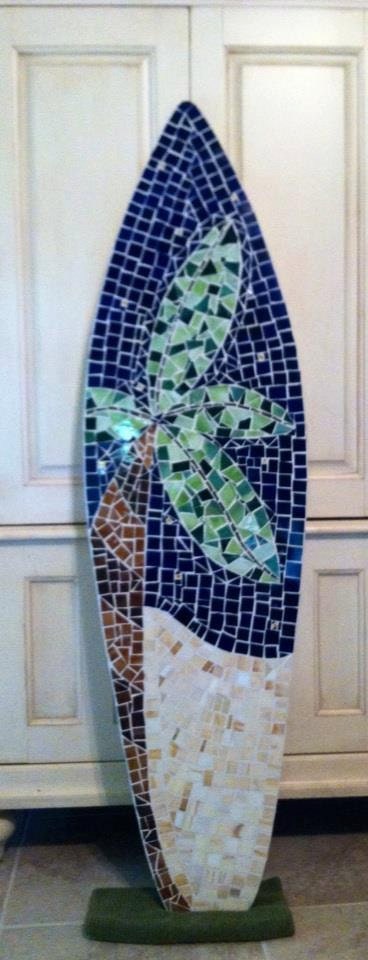 Stained Glass Mosaic Surfboard 5ft Wall Art on Wood Base. Made to Order - Palm Tree, Sand and Sky