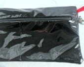 Black Zippered Clutch- Vinyl Exterior with Red Details, Free Shipping
