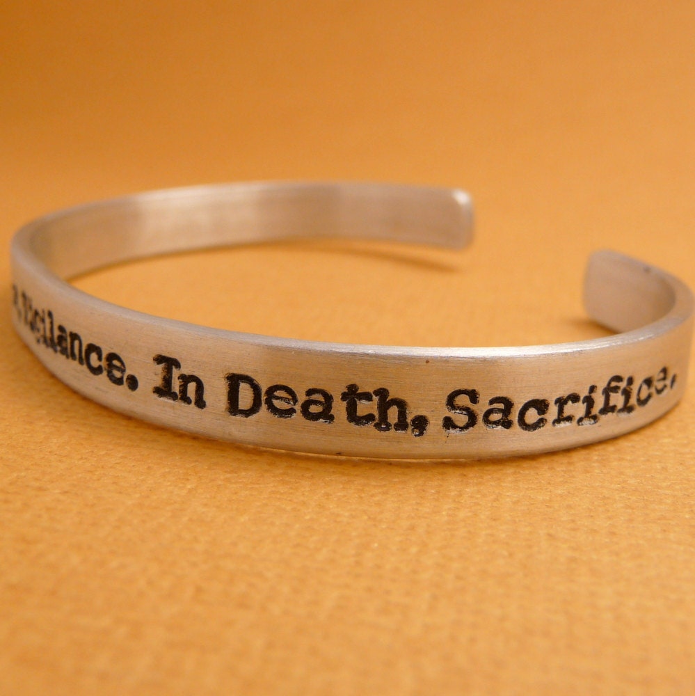 Dragon Age Inspired - In War, Victory. In Peace, Vigilance. In Death, Sacrifice. - A 1/4" Hand Stamped Aluminum Bracelet