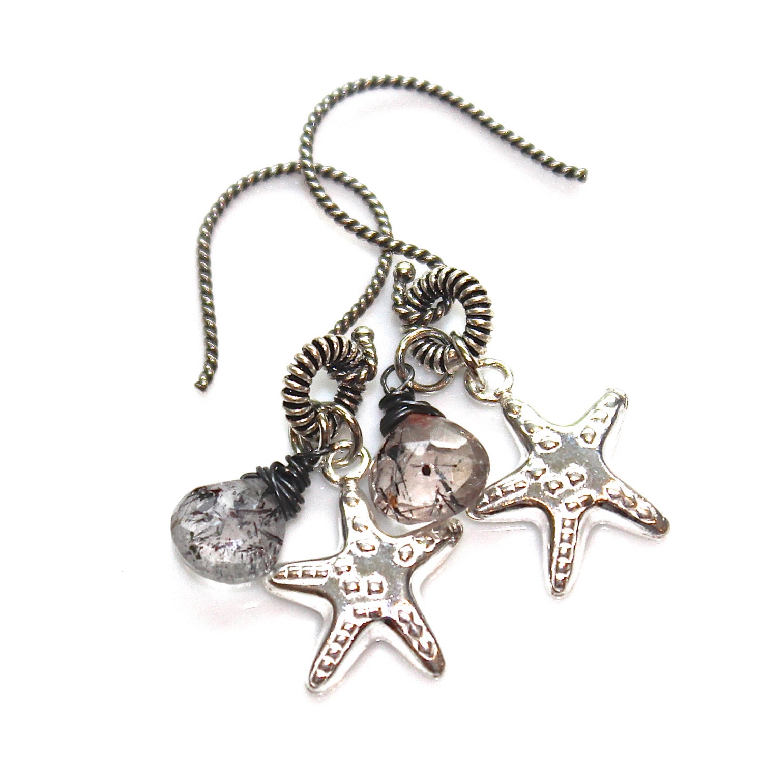 Silver Starfish Earrings Moss Amethyst Oxidized Silver Artisan Everyday Earrings