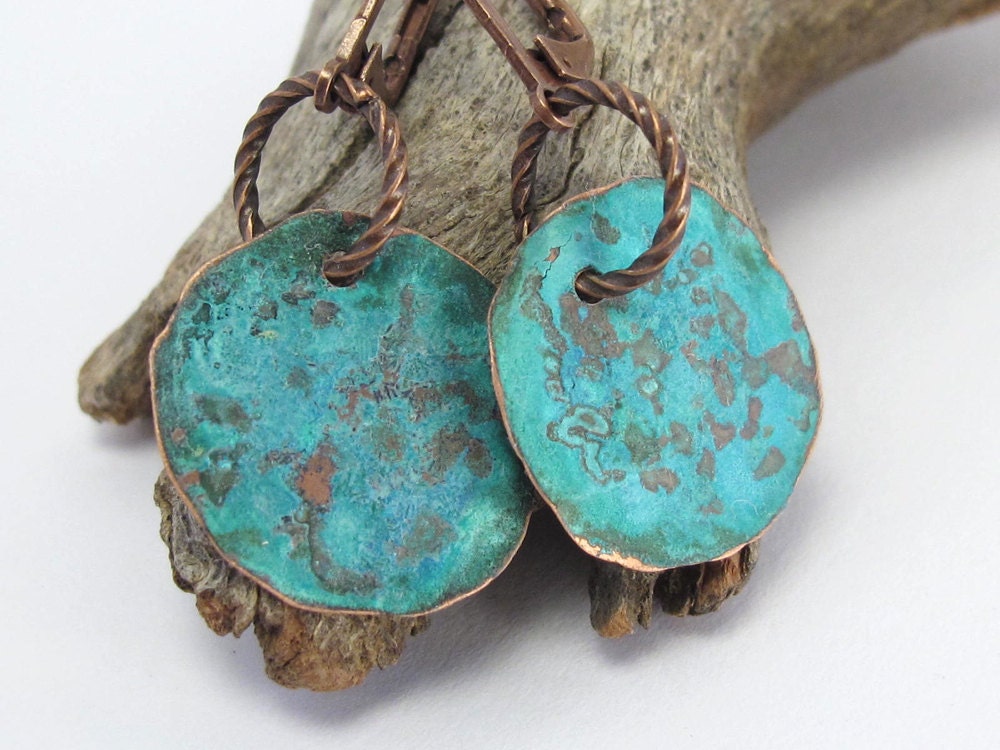 Hammered Copper Earrings Patina Verdigris Blue Green, Small Round, Dark Brown Copper Earwires, ER0180
