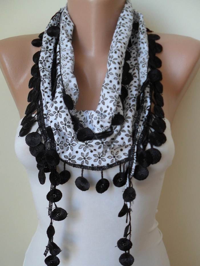 SALE - Perforated Fabric - Black and White Cotton Scarf with Black Trim Edge