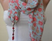 Valentine's Day - Scarf Necklace - Jewelry Scarf - Green and Red Chiffon Fabric - with Beads and Chain - Trendy - Fashion