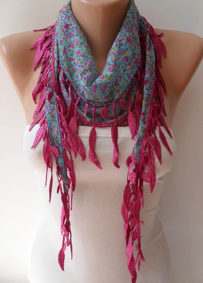 Blue Flowered Scarf with Pink Trim Edge - Summer Collection -
