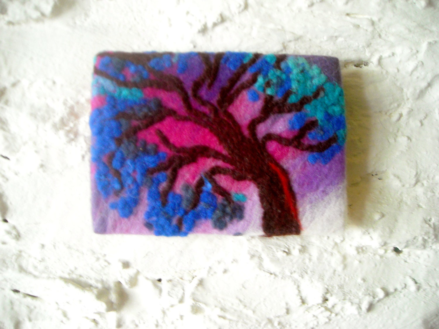 abstract tree, wet felted, merino fibres , pink sky at night