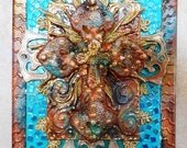 Embellished found object mixed media wall turquoise, bronze, copper, silver & gold colors/ faux metal/assemblage