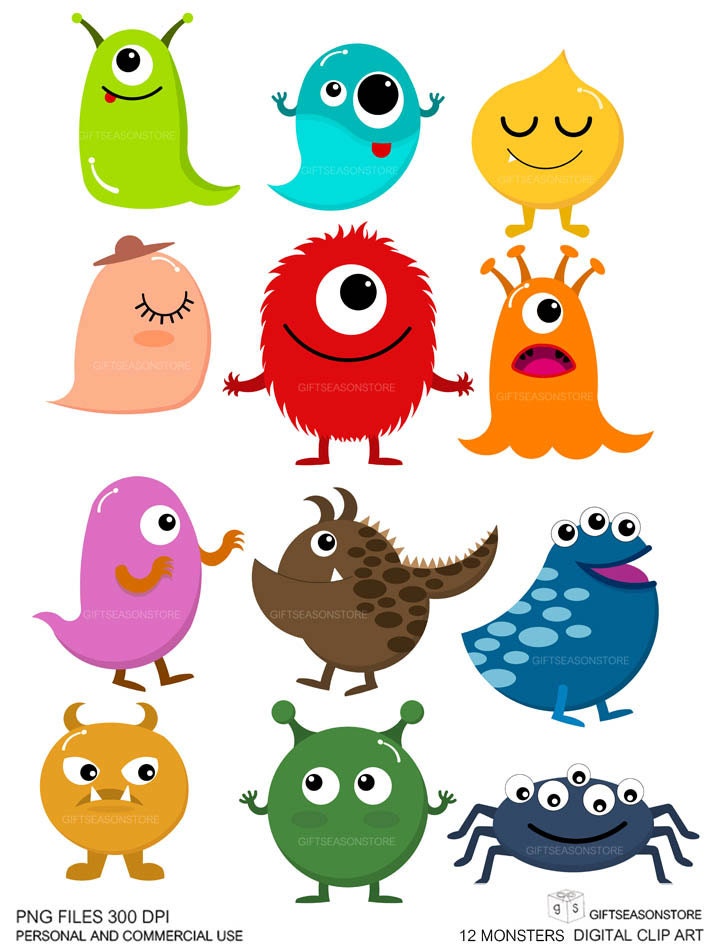 12 Monsters Digital clip art  for Personal and Commercial use - INSTANT DOWNLOAD