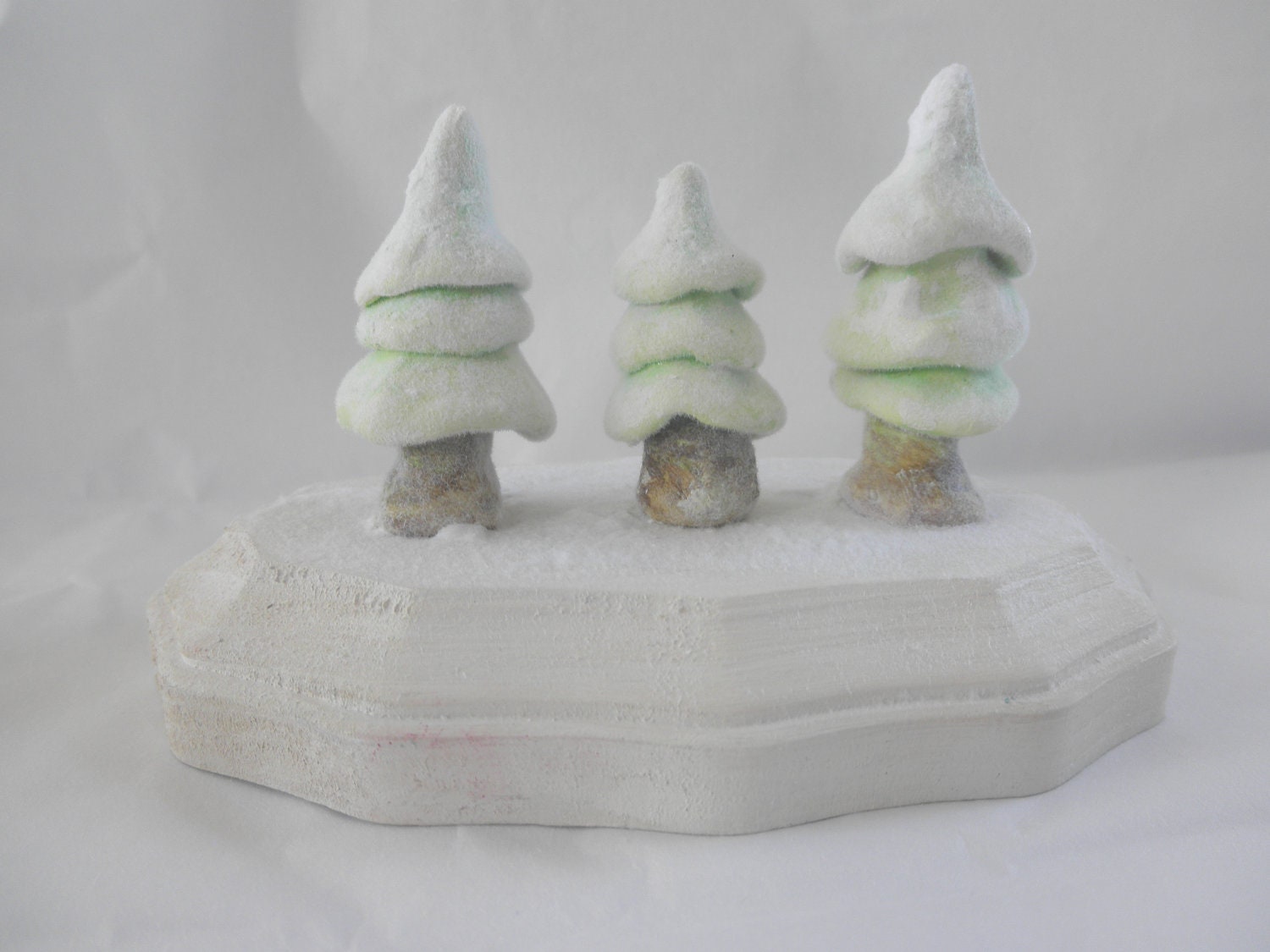 Christmas cake topper, flocked holiday tree decoration, clay pine tree