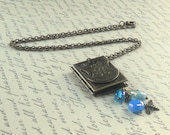 H Personalized Initial Locket Book Antique Bronze Aqua Beads Tassel Bumble Bee Love Letter Script Fashion Jewelry Victorian Boho Gift