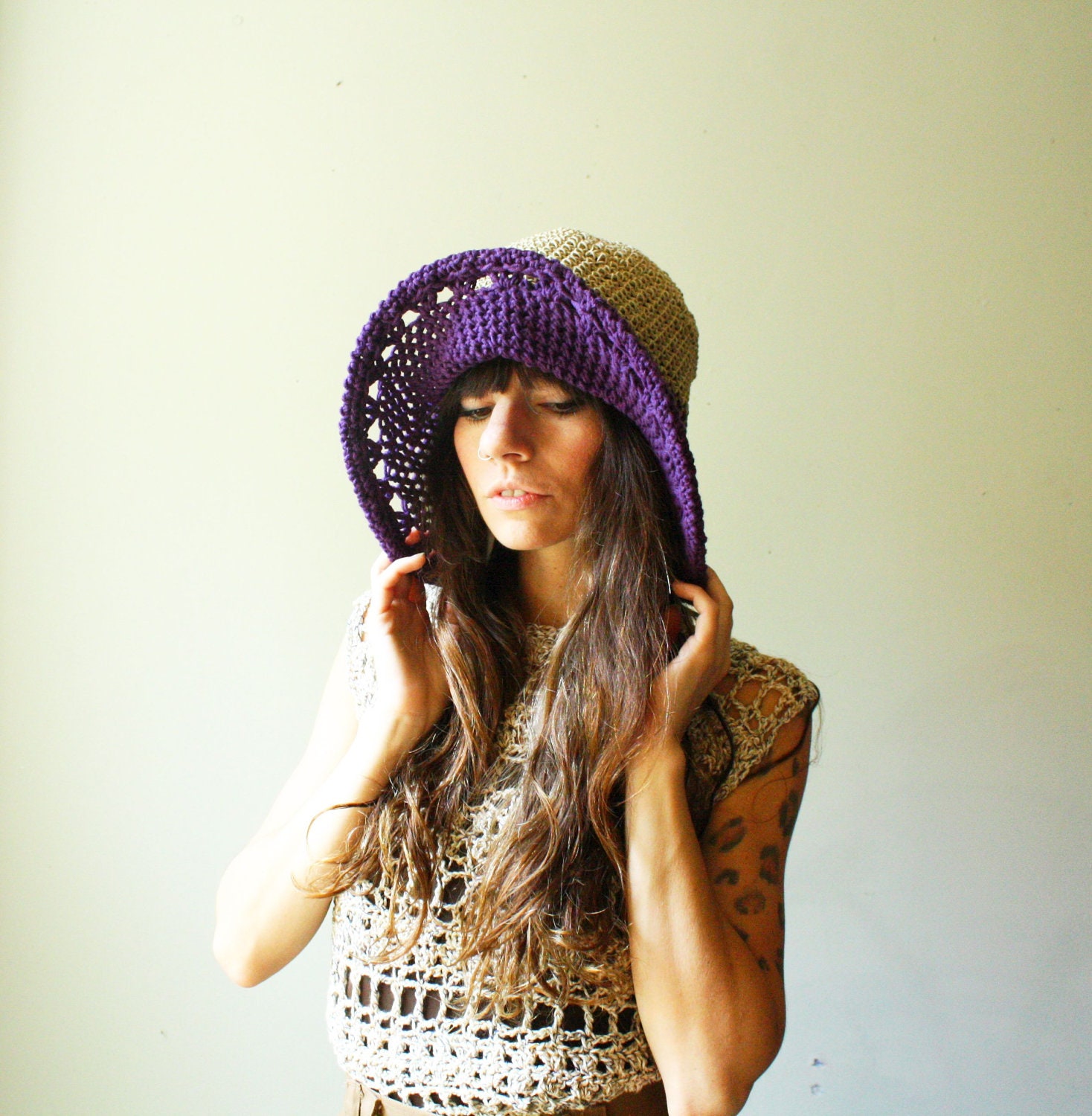 travel. handmade sun hat. hemp and organic cotton. royale purple. one size.