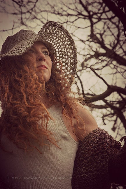 eco cowboy hat. hand crochet bamboo silk yarn. color clay. one size. lace wire brim. made to order