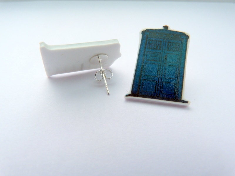 Dr Who Tardis Earrings - hand illustrated - plastic studs - shrink plastic