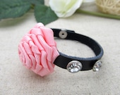 Pink Roses Bracelet   Fashion cuff leather bracelet made by black leather cord and textile   Bangle LB463