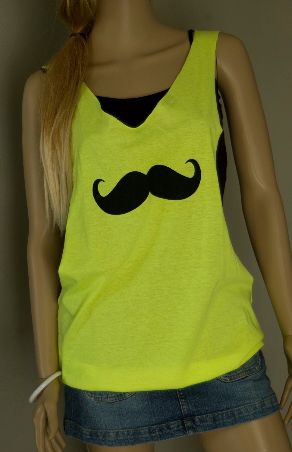 Neon Yellow Mustache Hand Cut Low Sides Tank Top Shirt