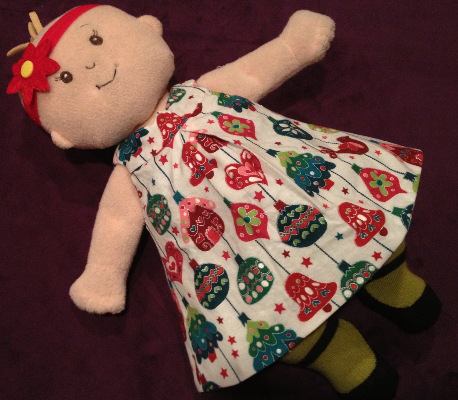 Little Reversible Dress in Evergreen Ornaments and Green Christmas Dot for Baby Stella, Waldorf and 13, 14, 15, 16 Inch Dolls, Doll,Clothes